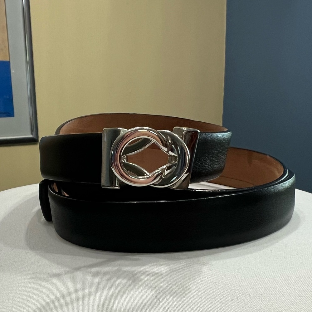 Talbots 3/4” adjustable length black and silver tone genuine leather belt L XL